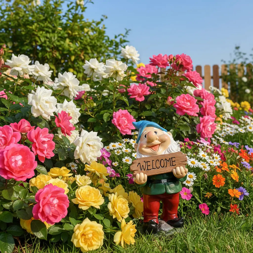 Nain de jardin rigolo welcome massif fleurs jardin familial joyeux