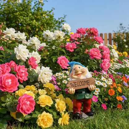 Nain de jardin rigolo welcome massif fleurs jardin familial joyeux