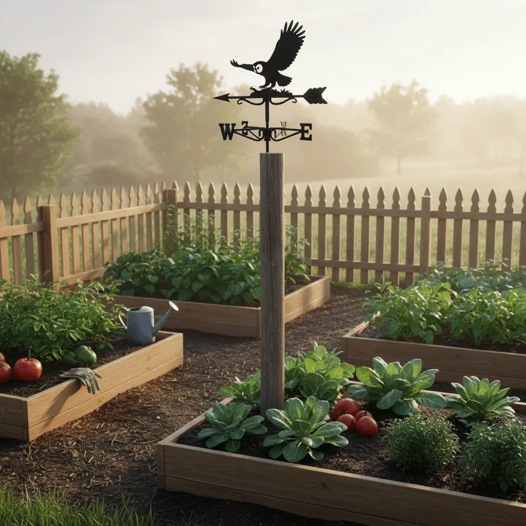 oiseau girouette dans potager rustique légumes clôture bois gardien symbolique décoration ferme authentique