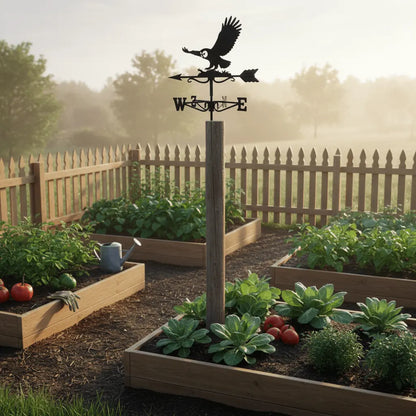 oiseau girouette dans potager rustique légumes clôture bois gardien symbolique décoration ferme authentique