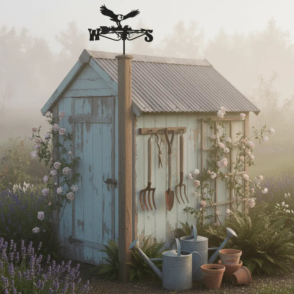 oiseau girouette près cabane jardin outils vintage arrosoirs vignette nostalgique shabby chic romantique campagne
