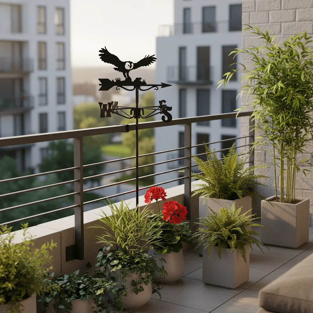 oiseau girouette sur terrasse balcon urbain plantes pots décoration extérieure petit espace ville moderne