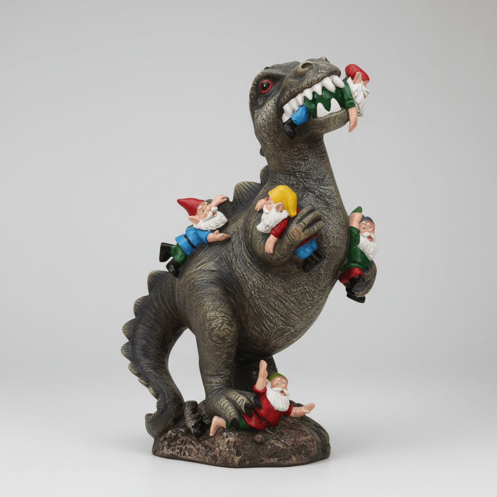 Nains de jardin grimpeurs dinosaure T-Rex résine gris packshot fond neutre