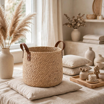 Panier de rangement décoratif en corde naturelle tressée beige paille cylindrique, anses cuir brun rivetées