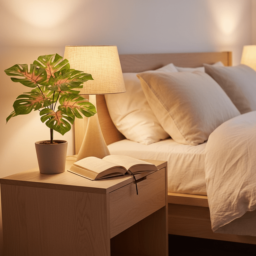 Plante artificielle haut de gamme Monstera - chambre table de nuit livre lampe ambiance cosy