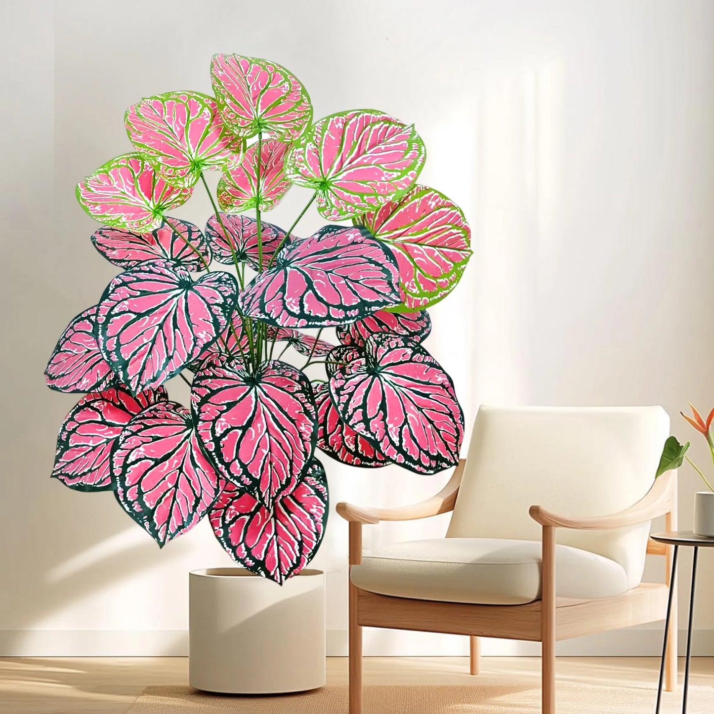 Magnifique plante artificielle balcon, feuilles roses et vertes éclatantes, design moderne.