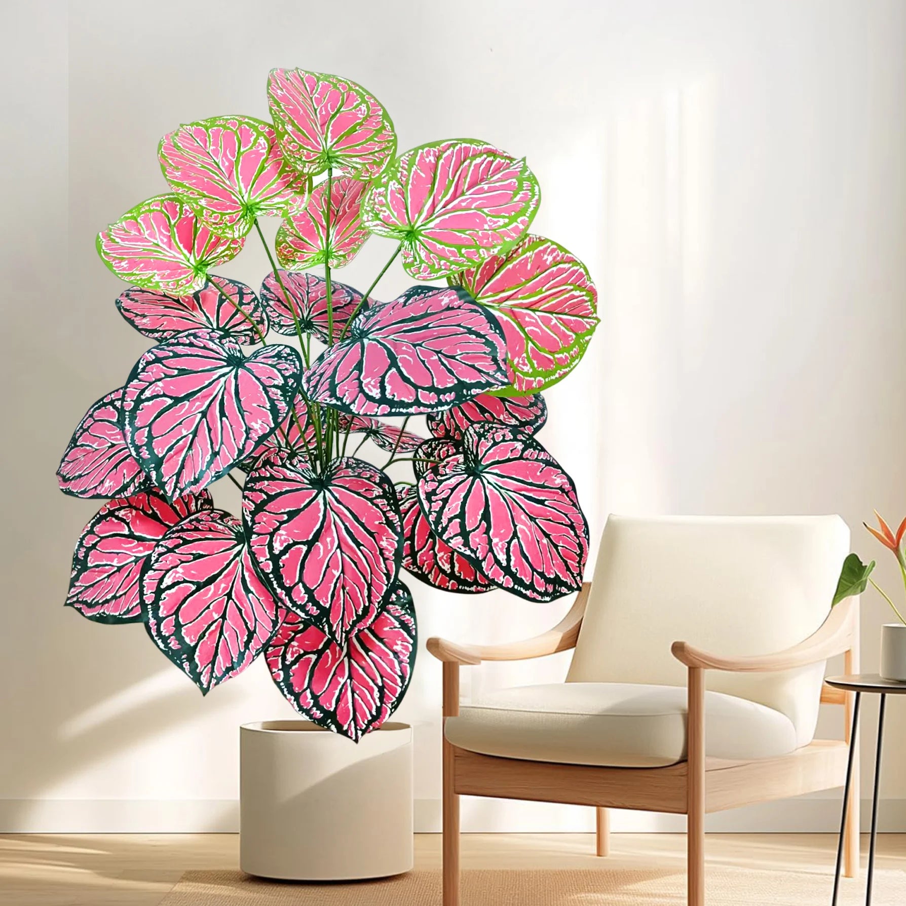 Magnifique plante artificielle balcon, feuilles roses et vertes éclatantes, design moderne.