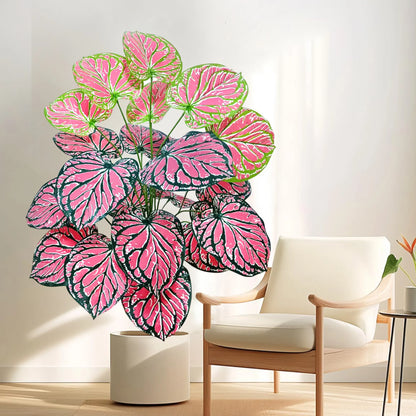 Magnifique plante artificielle balcon, feuilles roses et vertes éclatantes, design moderne.