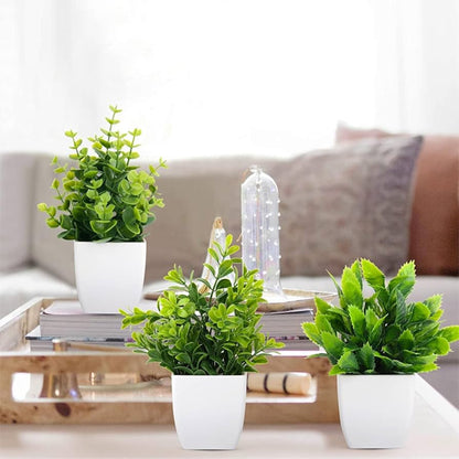 Trois petites plantes vertes en pot, dont une Plante verte artificielle (Mini Plantes), sont posées sur un plateau en bois, avec des livres et une lampe décorative. Un canapé aux tons doux et des coussins aux tons neutres créent une décoration intérieure chaleureuse et accueillante en arrière-plan.