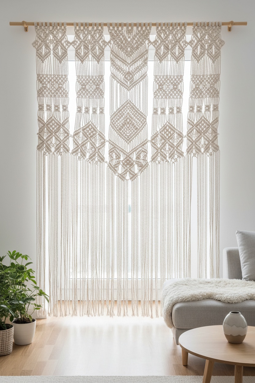 Rideau macramé artisanal Type 2 - Décoration murale tissée main motifs géométriques style nordique