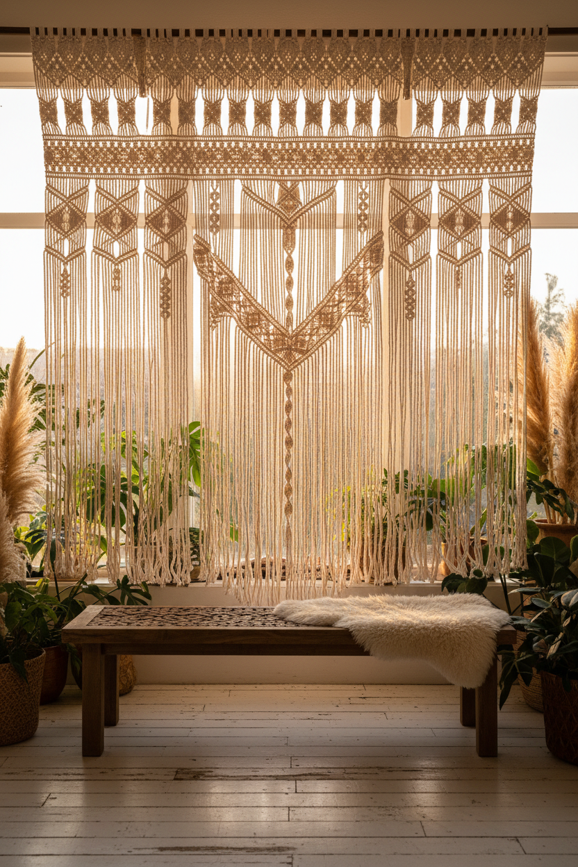 Rideau macramé artisanal Type 3 - Tissage bohème coton naturel fait main ambiance rustique