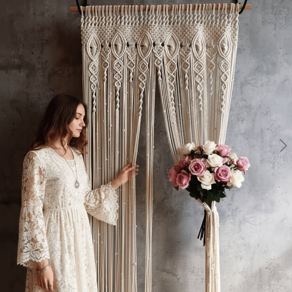 Rideau macramé avec femme et roses