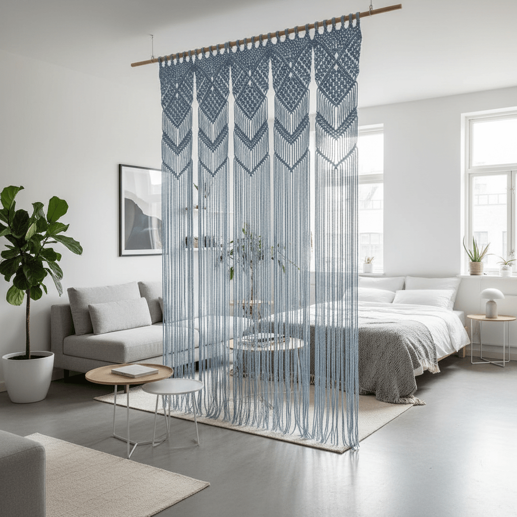 Séparateur Rideau macrame artisanal en coton dans salon bohème-chic - décoration intérieure chaleureuse