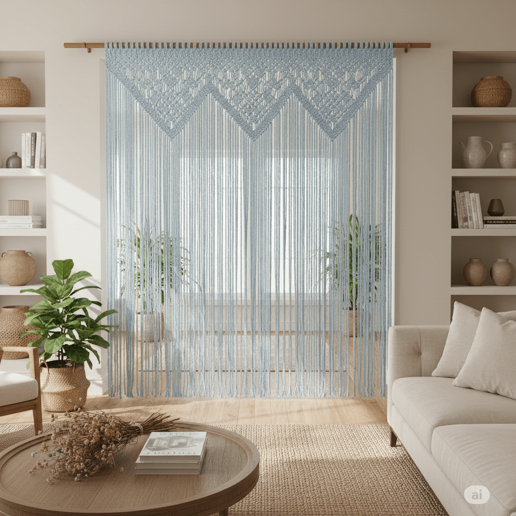 Salon bleu clair Détail rideau macrame tissé à la main motifs coton - qualité artisanale professionnelle