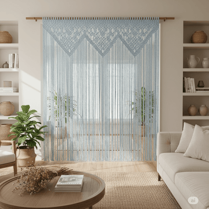 Salon bleu clair Détail rideau macrame tissé à la main motifs coton - qualité artisanale professionnelle