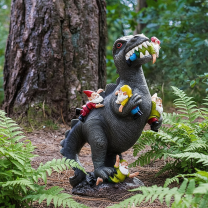 Nains de jardin dinosaure T-Rex résine 4 gnomes aventure