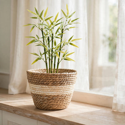 Bambou artificiel dans un cache pot tressé en fibre végétale