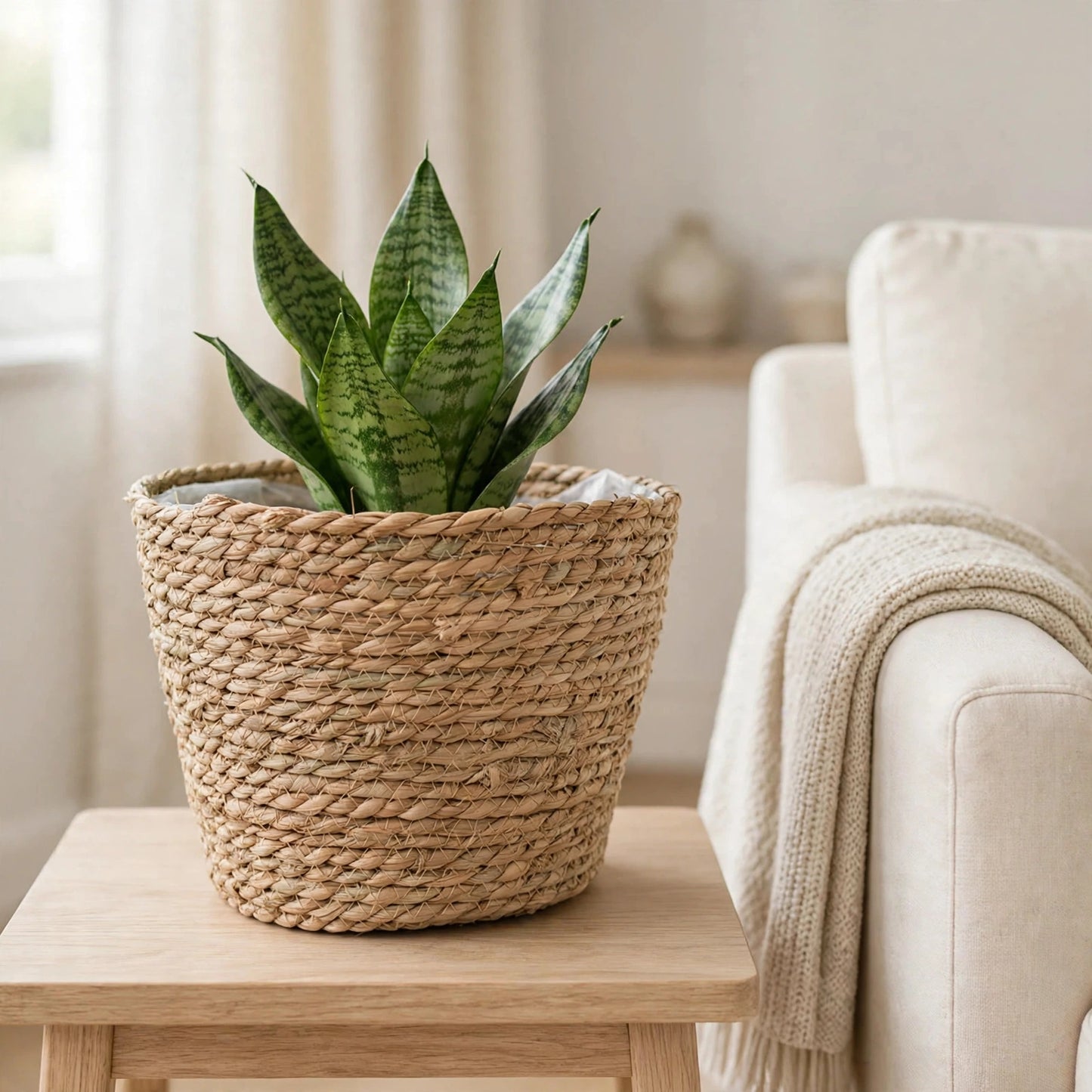 Cache pot tressé en fibre végétale dans un salon scandinave