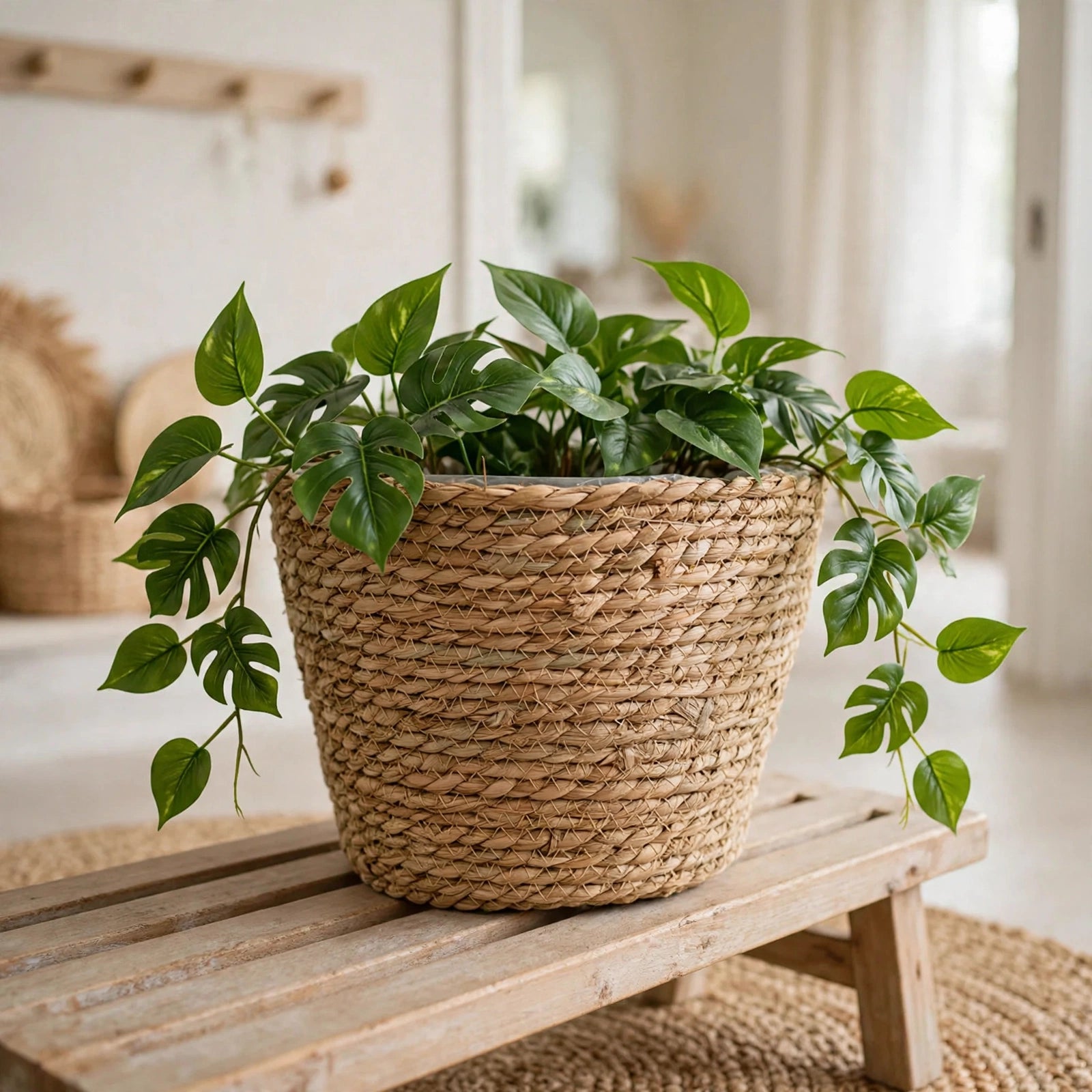 Cache pot tressé avec plante verte dans un intérieur naturel