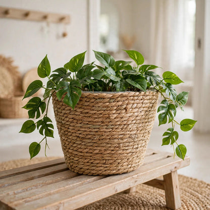 Cache pot tressé avec plante verte dans un intérieur naturel