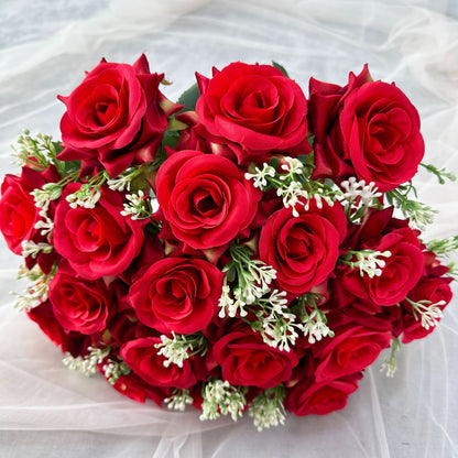 Bouquet de roses artificielles rouge vif, 18 roses en soie