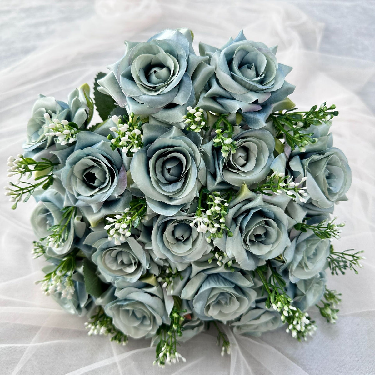 Bouquet de roses artificielles bleu, 18 roses en soie