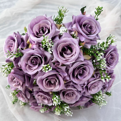 Bouquet de roses artificielles violet, 18 roses en soie