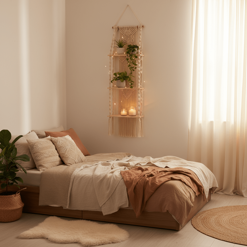Suspension murale macramé bohème avec plantes et bougies dans chambre cosy