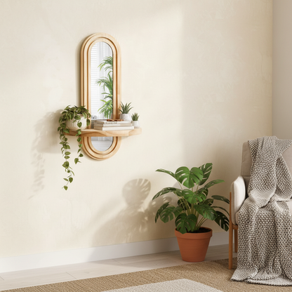 Étagère bois murale suspendue photoréaliste salon bohème plantes livres lumière naturelle