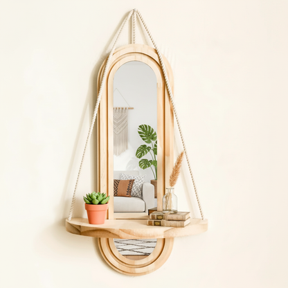 Étagère bois recyclé suspendue photoréaliste salon bohème plantes objets déco lumière naturelle