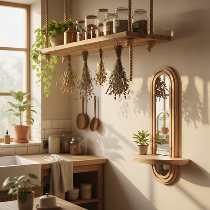 Étagère bois rustique photoréaliste cuisine bohème herbes pots vintage lumière dorée