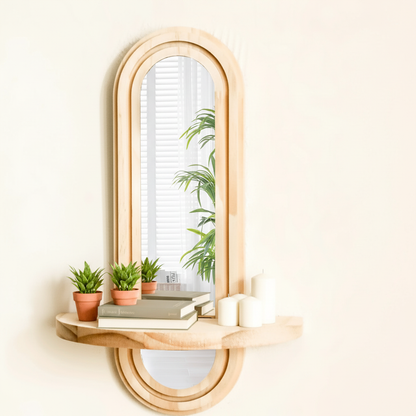 Étagère bois suspendue photoréaliste chambre livres plantes bougies éclairage chaleureux