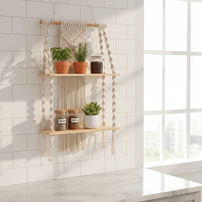 Étagère cuisine murale macramé bohème beige avec herbes aromatiques et épices, décoration minimaliste moderne