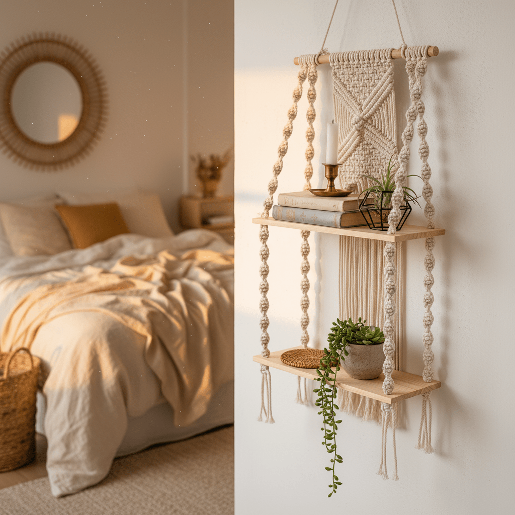 Étagère murale chambre bohème macramé beige avec livres vintage et bougie, ambiance cosy chaleureuse