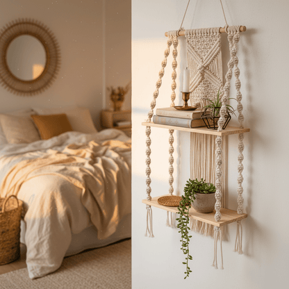 Étagère murale chambre bohème macramé beige avec livres vintage et bougie, ambiance cosy chaleureuse