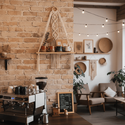 Étagère murale dans café bohème avec tasses artisanales accessoires café décoration commerce