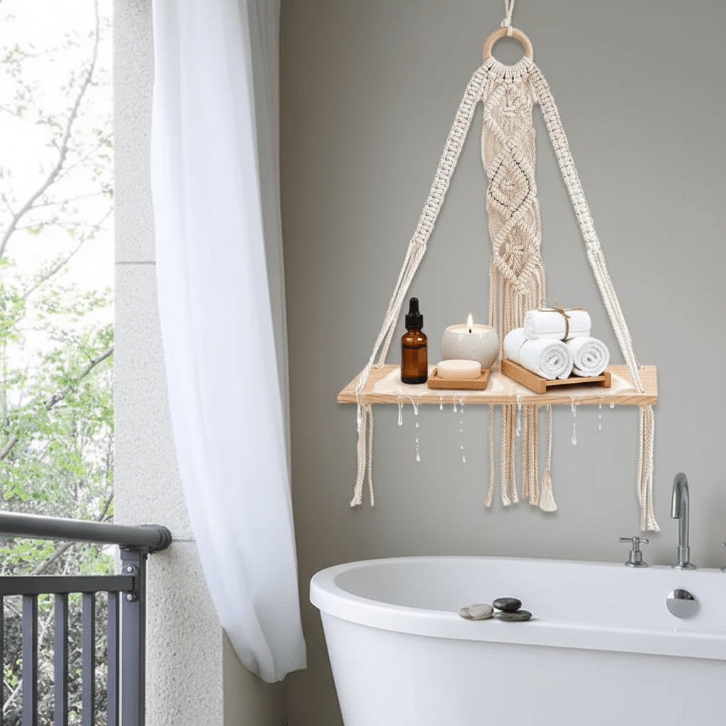 Étagère murale macramé salle de bain avec produits spa huiles essentielles bougies zen