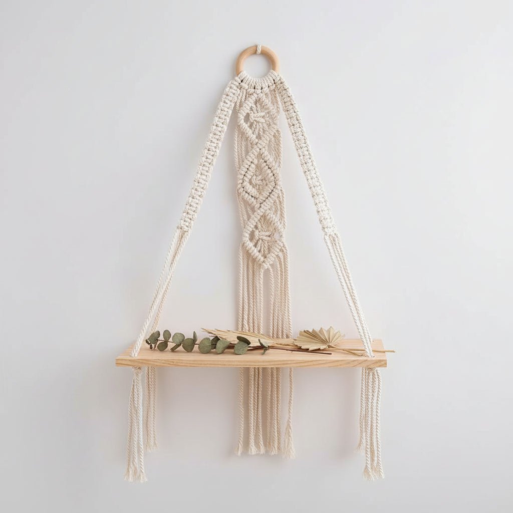 Étagère murale macramé avec plateaux bois accrochée sur mur blanc avec plantes