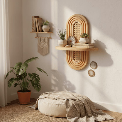 Étagère mural  rotin et bois naturel artisanale, matériaux écologiques durables, finition kaki, accessoire décoration premium
