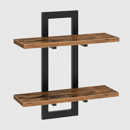 Étagère murale bois double niveau avec structure métallique noire 1 pièce, rangement flottant style industriel rustique pour cuisine salon
