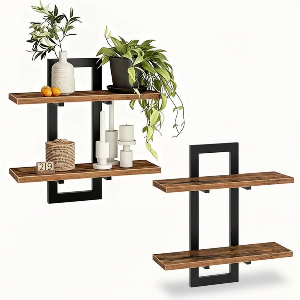 Étagère murale bois naturel double niveau avec cadre métallique noir 2 pièces, rangement flottant style industriel moderne pour décoration intérieure
