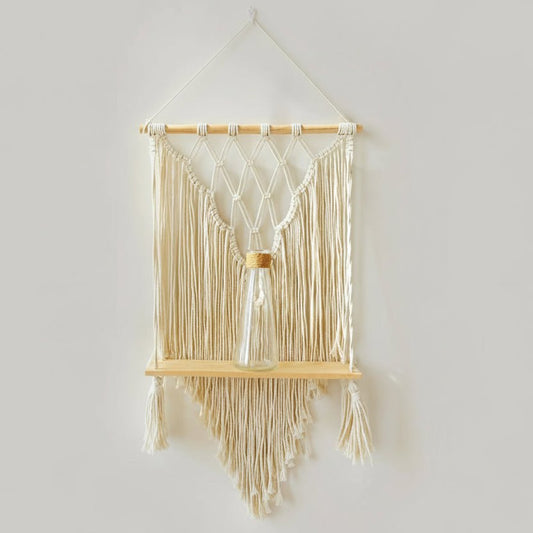 Étagère murale bois naturel rustique avec corde tressée beige 65cm, rangement suspendu style farmhouse bohème pour cuisine salon chambre

