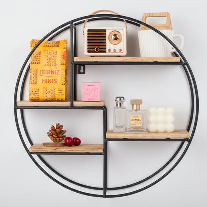 Étagère murale ronde bois naturel avec cadre métallique noir style industriel vintage, rangement flottant décoratif pour cuisine salon chambre
