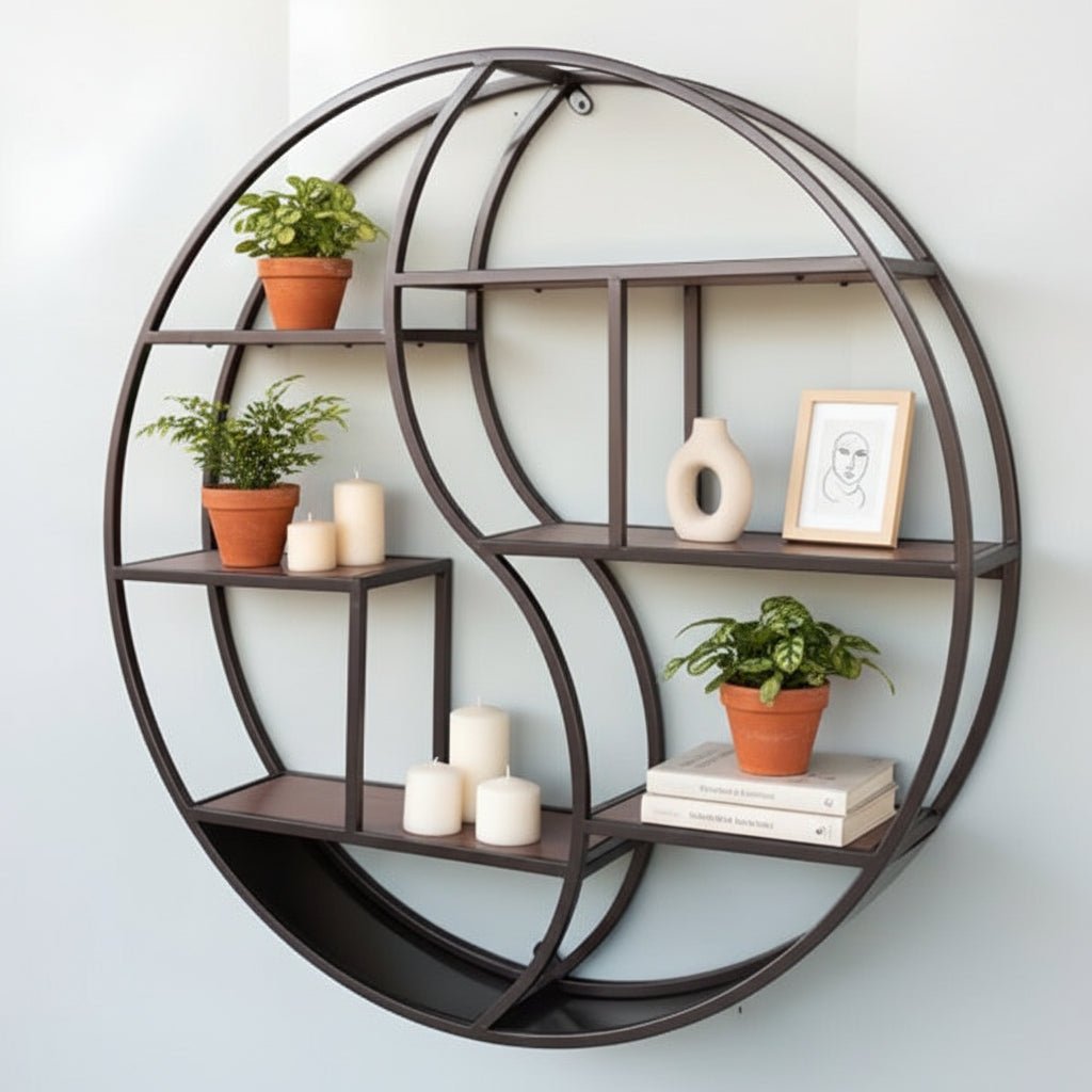 Étagère murale ronde fer forgé cuivre et bois naturel multi-niveaux 60cm, rangement flottant style industriel vintage pour cuisine salon chambre
