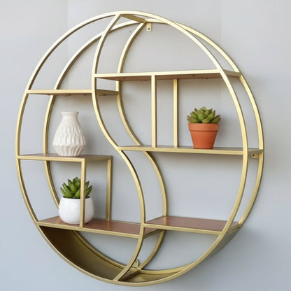 Étagère murale ronde fer forgé doré et bois multi-niveaux 60cm, rangement flottant style industriel élégant pour décoration intérieure
