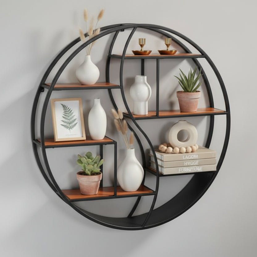 Étagère murale ronde fer forgé noir et bois multi-niveaux 80cm, rangement flottant style industriel moderne pour salle de bain entrée
