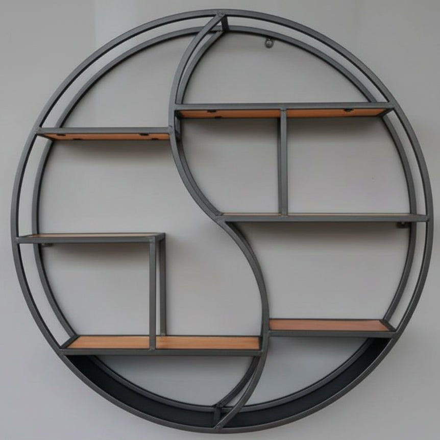 Étagère murale ronde fer forgé noir et bois multi-niveaux 80cm, rangement flottant style industriel moderne pour salle de bain entrée
