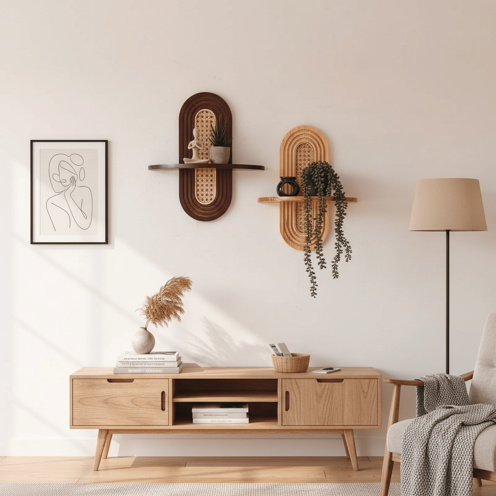 Étagère murale rotin naturel avec objets décoratifs et plantes, décoration bohème-chic intérieur
