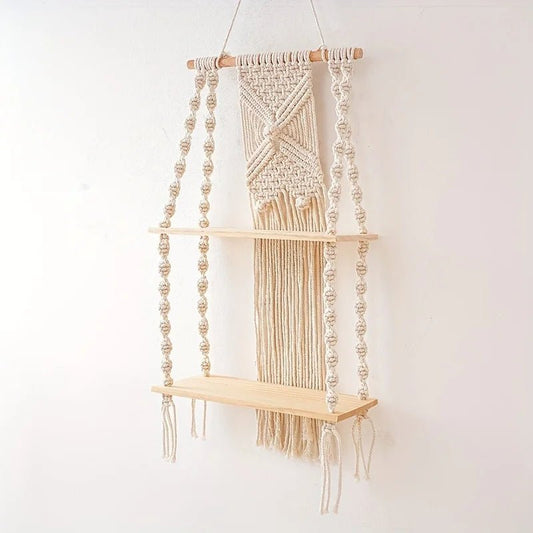 Étagère murale salon bohème macramé beige 2 niveaux avec plantes et objets décoratifs, rangement artisanal tissé main