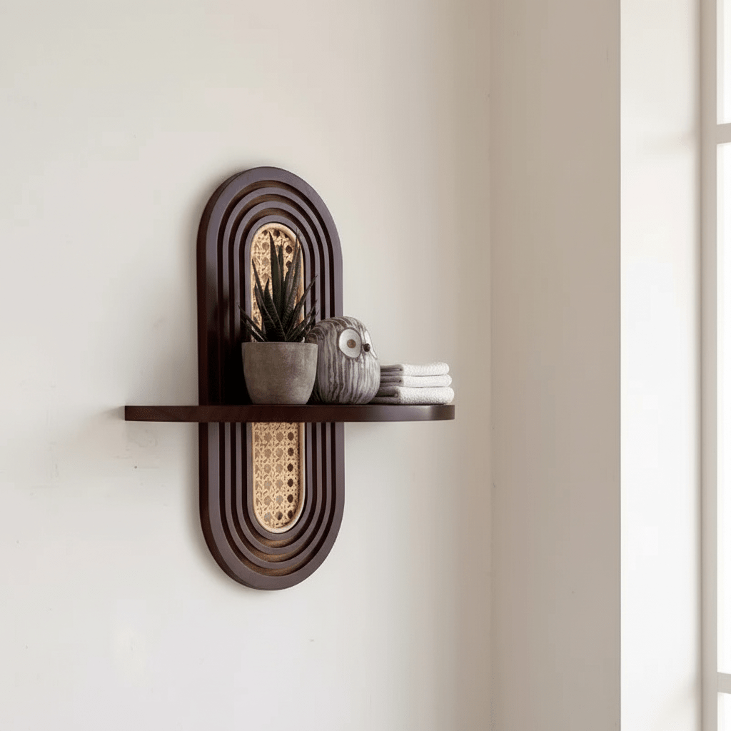 Étagère rotin résolvant problèmes désordre, rangement mural avec plantes et livres organisés
